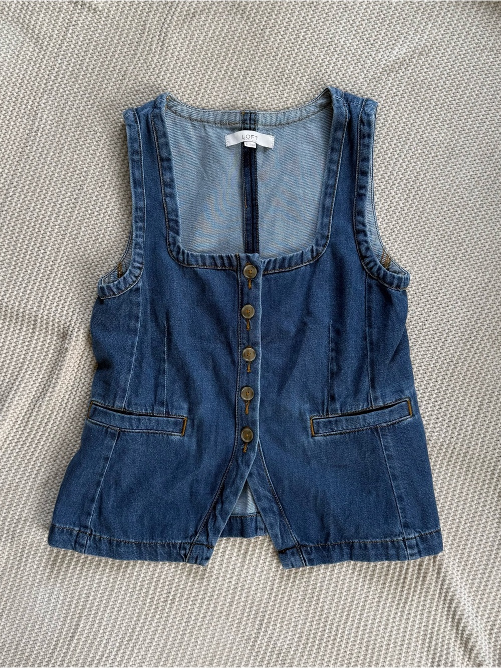 LOFT Square Neck Denim Vest Medium Wash Button Up Waistcoat Sleeveless Top 6